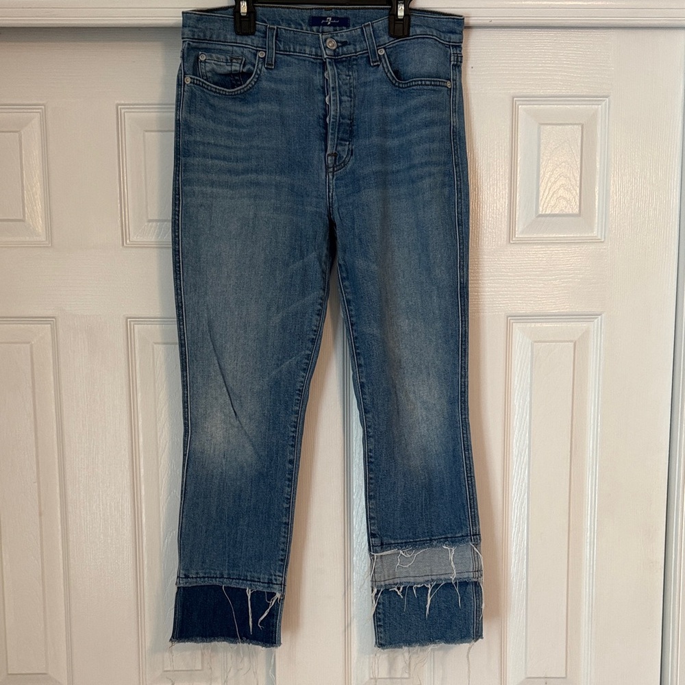 7 For All Mankind Blue Ankle Jeans with Frayed Hem